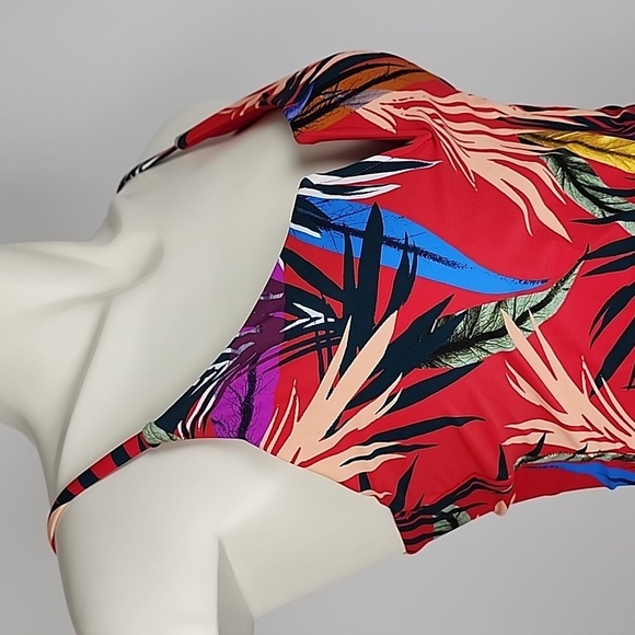 One Piece Bathing Suit Strappy Back Red Multi Tropical Floral Print Size  S/M - Picture 3 of 15